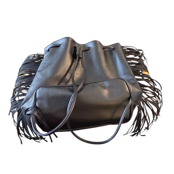 Victorias Secret Black Hobo Backpack Fashion Show Bag Fringe Drawstring Purse - Picture 5 of 6